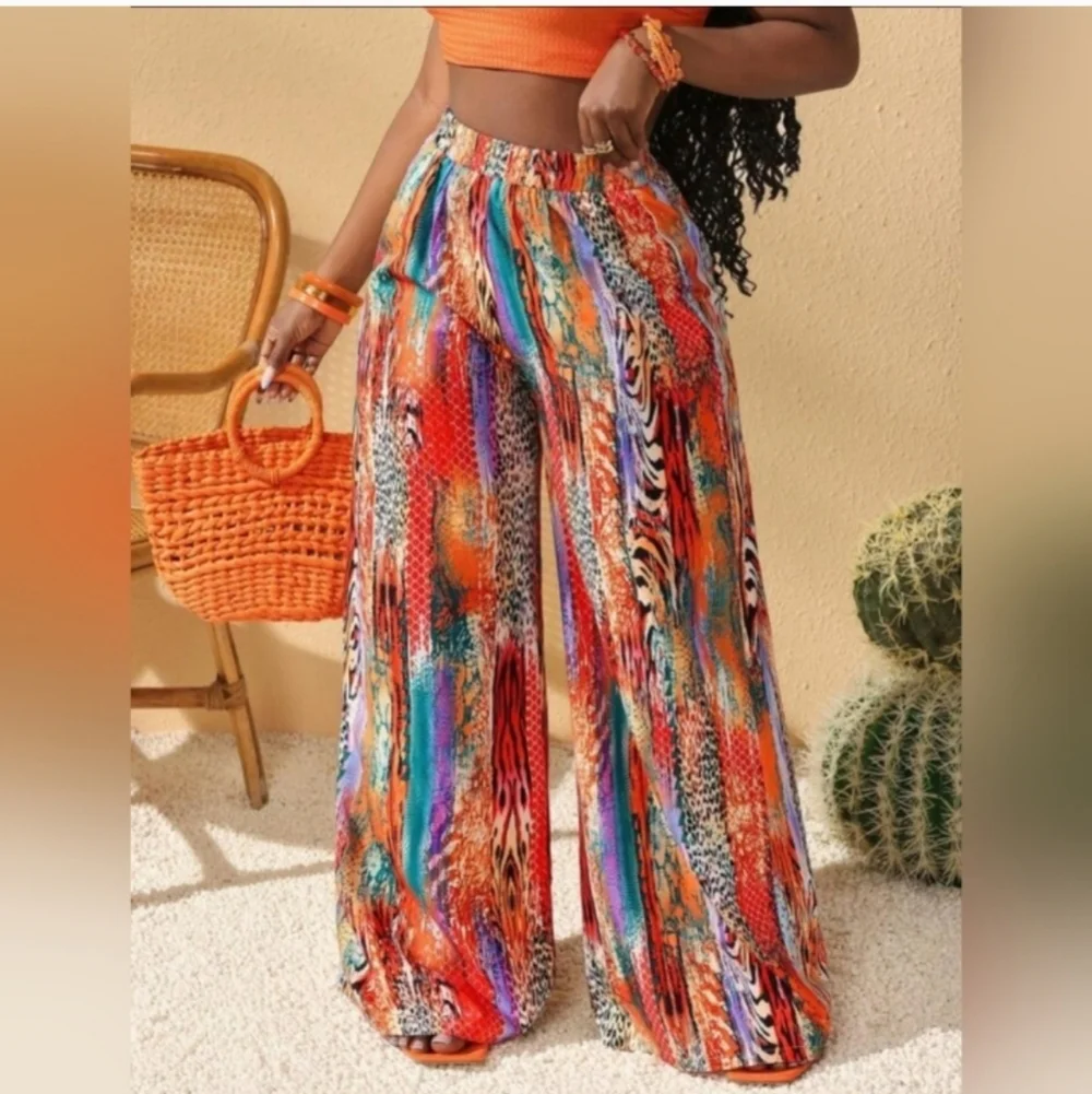 Womens Vibrant Multicolor Wide-Leg Pants Sz Large - Picture 2 of 6